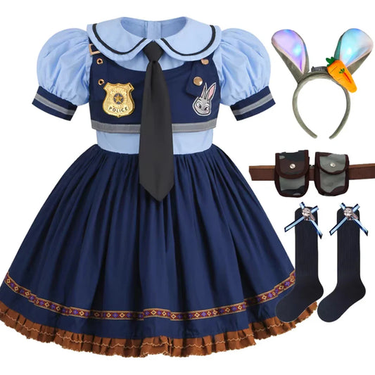 Judy Cosplay Costume Kids Carnival Party Dress Girls Tie Headdress Belt Socks Sets Police Role Play Movie Uniform Birthday Gift