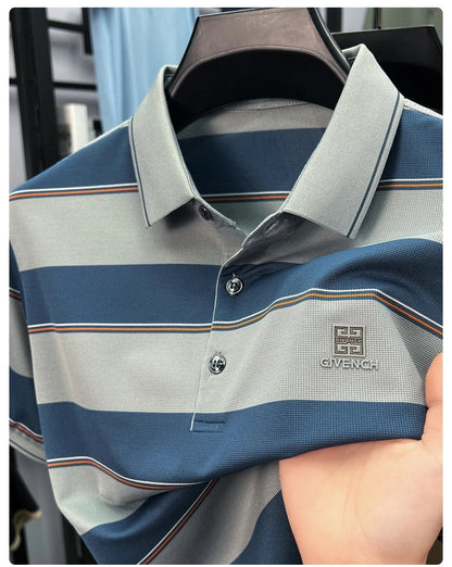 Light luxury striped color blocked short sleeve polo shirt brand symbol emboss high-end casual summer silky smooth men's T-shirt