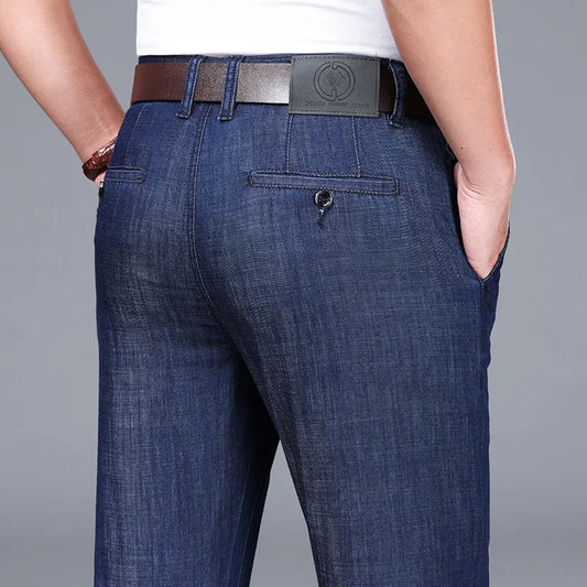 Modal Fabric Spring Summer Men's Black Thin Straight Jeans Classic Style Business Fashion Stretch Loose Jeans Male Brand