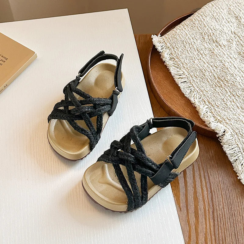 Children's Boho Braided Sandals Summer New Boys Girls Casual Shoes for Outdoor Daily Wear Open-toe Kids Platform Beach Sandals