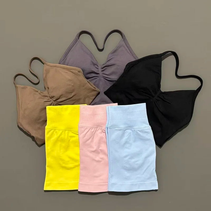 2 Piece Sports Set Women Seamless Yoga Tank With Removable Pads Top Scrunch Butt Workout Leggings Suit Gym Sports Sets