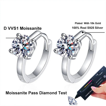 1ct Moissanite Hoop Earrings S925 Sterling Silver with 18k White Gold Plated Diamond Gem Earring for Women Jewelry Gifts