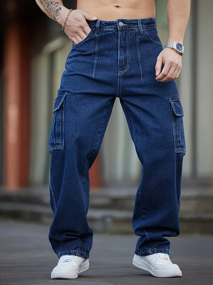 Men's Deep Blue Washed Denim Workwear Jeans Casual Multiple Pockets Design Loose Wide Leg Trousers Y2K Style Cargo Pants