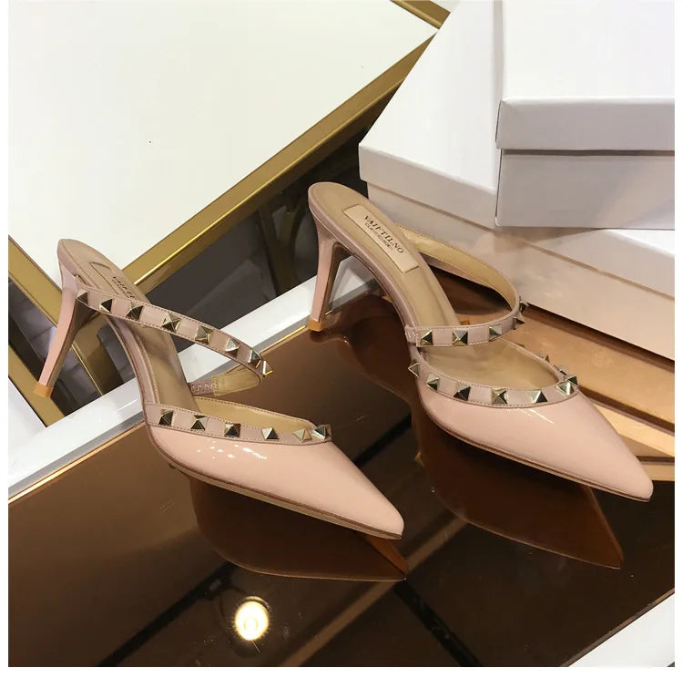 2025 New Genuine Leather Gladiator Pumps Sandals Luxury Metal Rivets Summer Women Outdoor Slippers Black Fashion High Heels 41