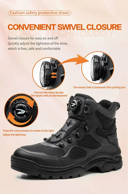 Men's Safety Work Boots Steel Toe Breathable Indestructible Puncture-Proof Rotary Buckle Shoes Comfortable Brand Work Footwear