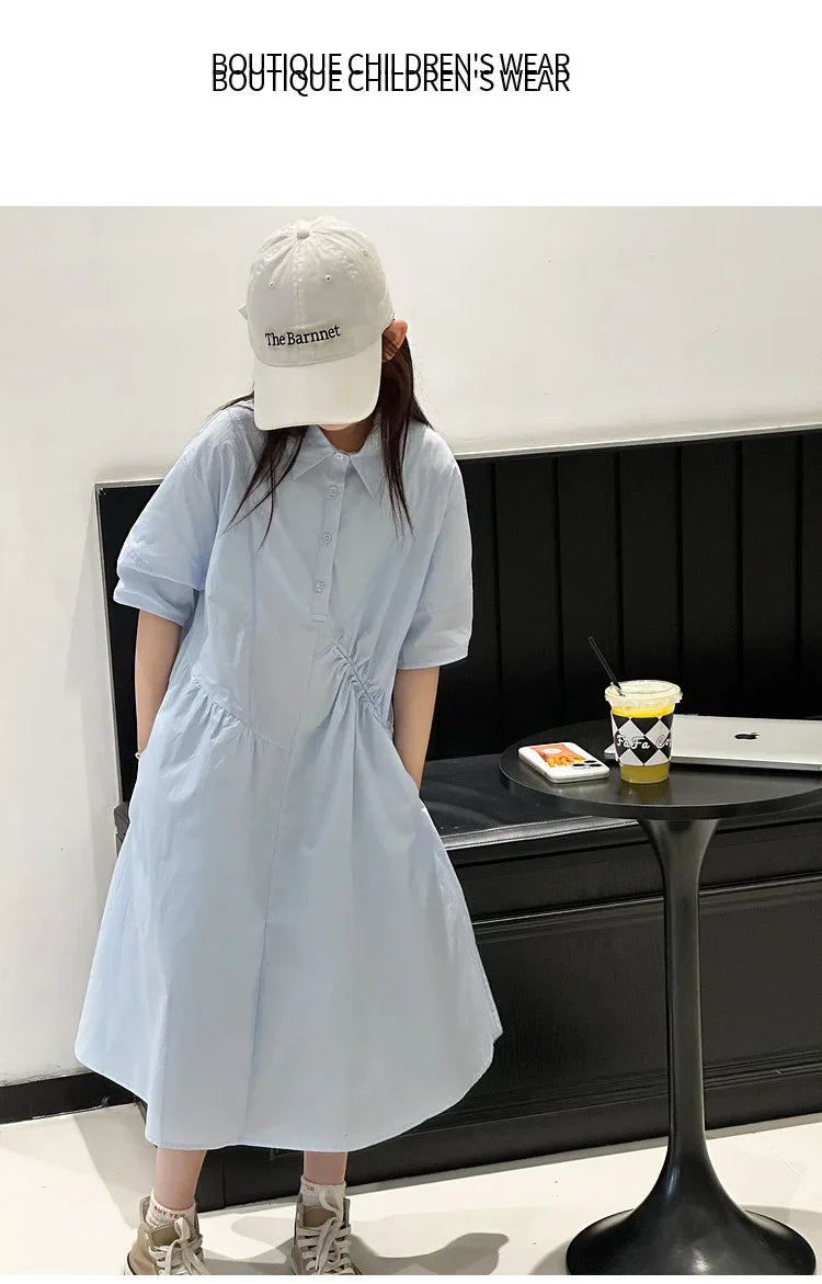 Girls' Dress Short Sleeve Fluffy High-End School Style Medium to Large Sizes Trendy Fashionable, Lightweight