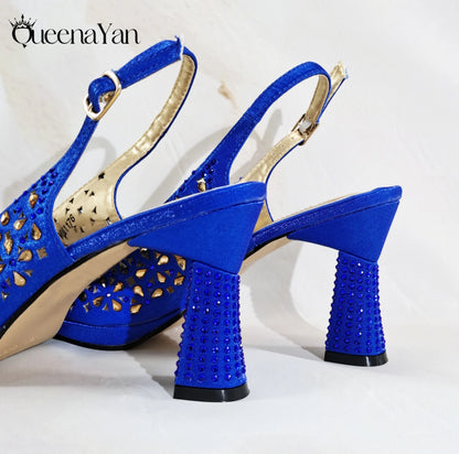 Elegant Mature Style Purple Rhinestone Design Women's Peep Toe High Heels With Matching Handbag Set for Party Wedding or Wokr