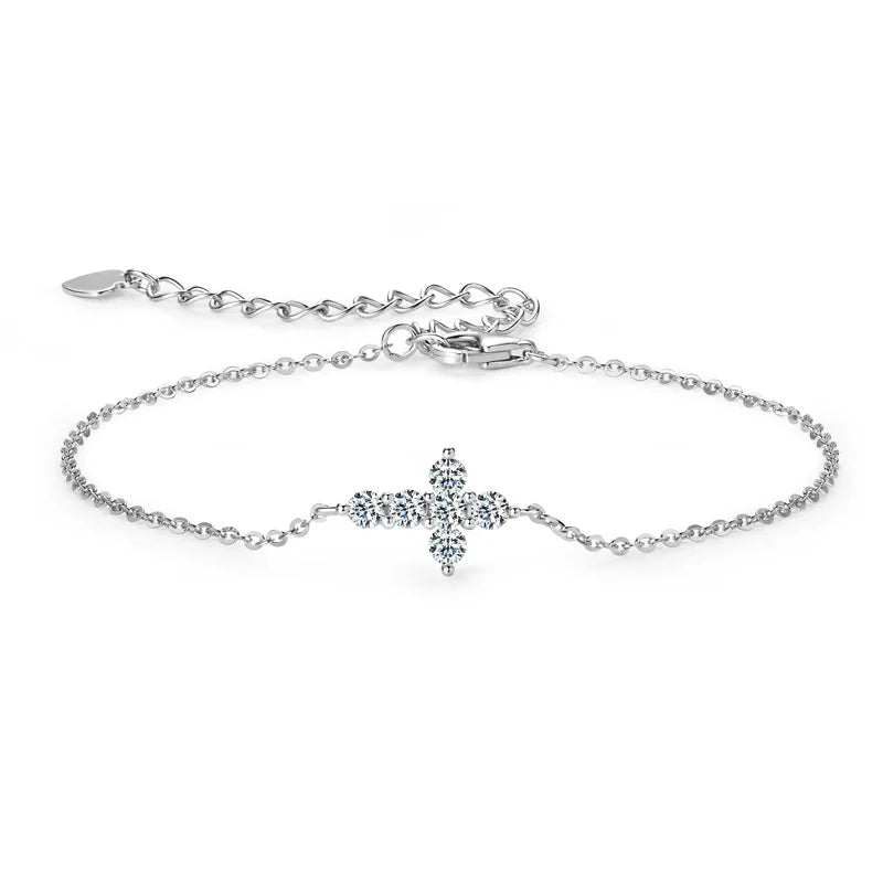 Full 0.06CT 2.5mm D Color Moissanite Jesus Cross Link Bracelet for Women S925 Silver Pass Diamond Test 0.36cttw Bracelets