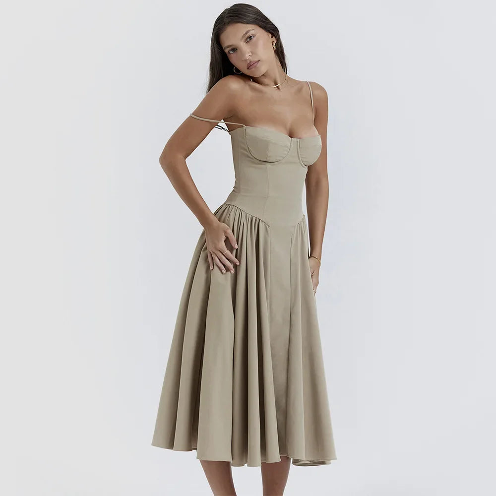Women Elegant Sleeveless Backless Pleated Dresses Lady Sexy Solid Sling Midi Dress 2024 Female Party Evening A-line Robes