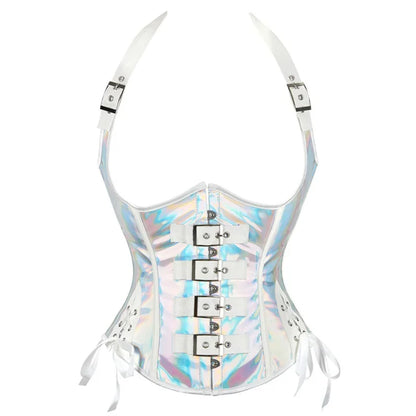 Steampunk Corset Top Gothic PU Leather Underbust Bustier with Halter Strap Silver Black