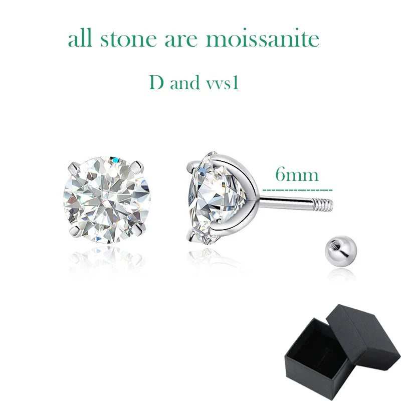 18k Plated 0.2-2ct Moissanite Stud Earrings for Women Solid 925 Sterling Silver Lab Diamond Screw Back Ear Stud Jewelry