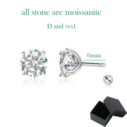 18k Plated 0.2-2ct Moissanite Stud Earrings for Women Solid 925 Sterling Silver Lab Diamond Screw Back Ear Stud Jewelry