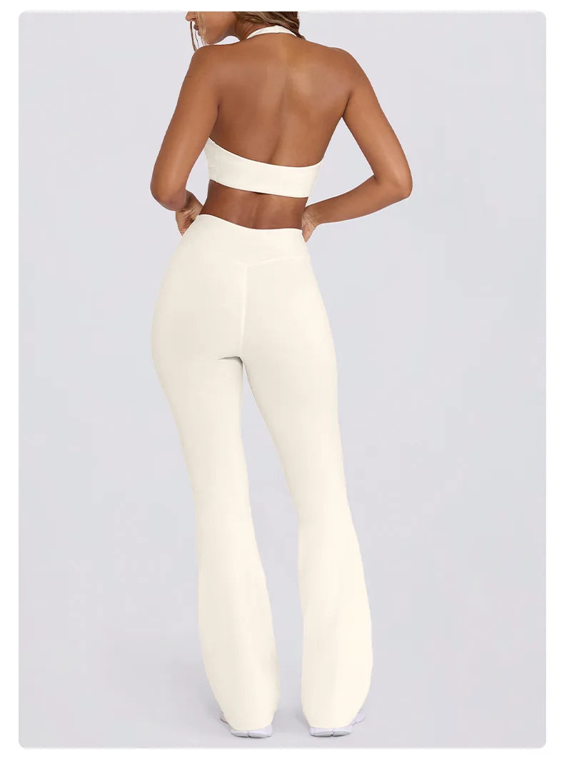Women's Yoga Suits Camisole Backless Nude Beautiful Back Neck Hanging Bra Flared Pants Fitness Set
