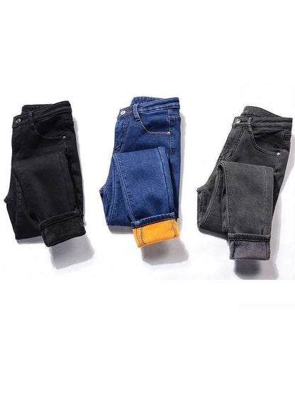 Women's Thick Velvet Jeans, Stretch High Waist Pencil Pants