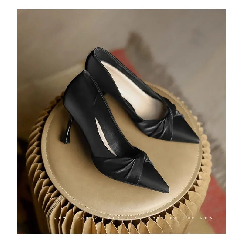 2026 New Women's Pointed Toe Stiletto Heels, Elegant Beige Ruched Pumps, Comfortable Commuter Shoes for Wedding Party Dress