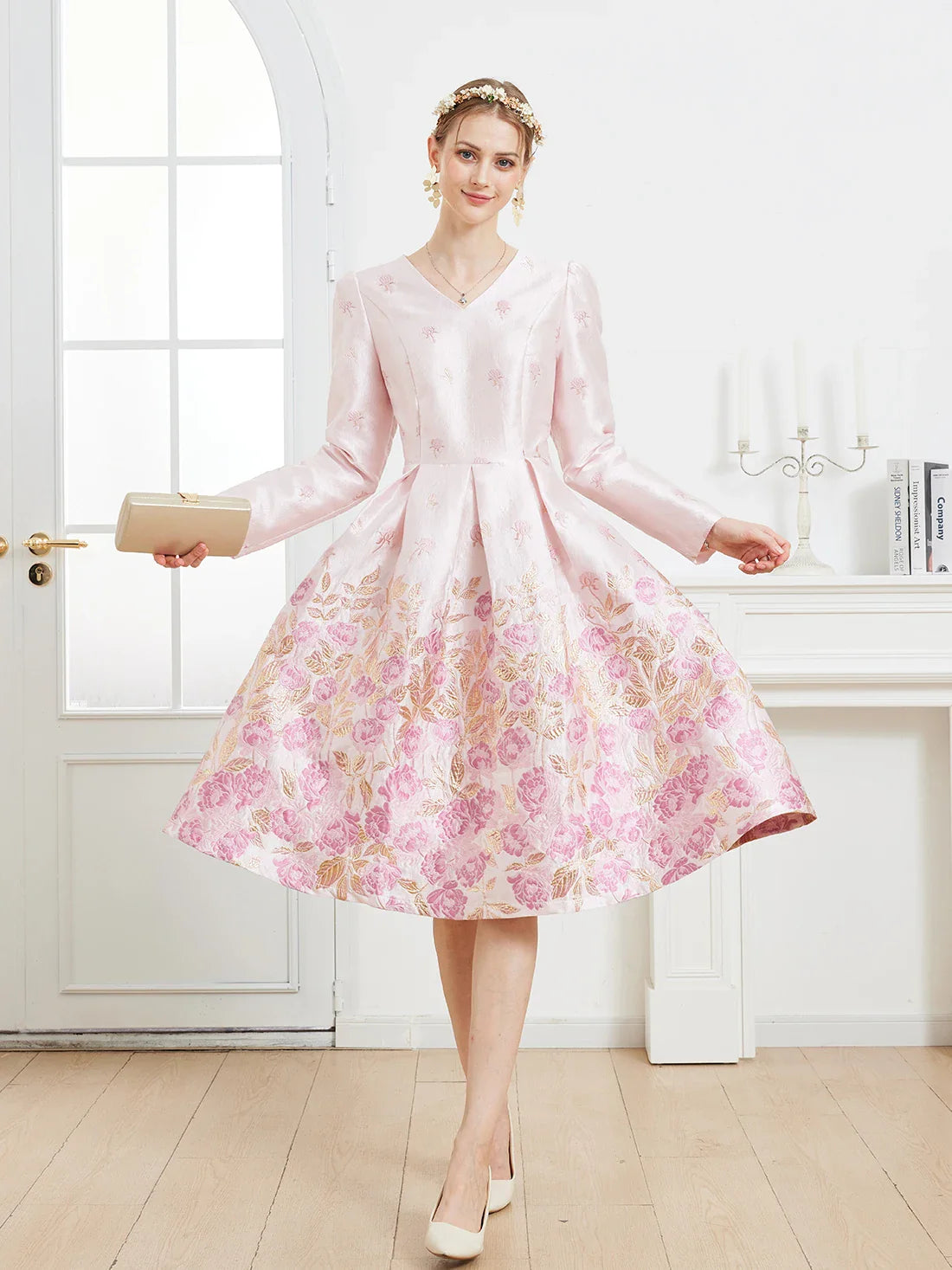 Fall/Winter Elegant French-style Romantic Pink Heavy Embroidery V-Neck Long-Sleeve Party Banquet Dress wedding guest dress