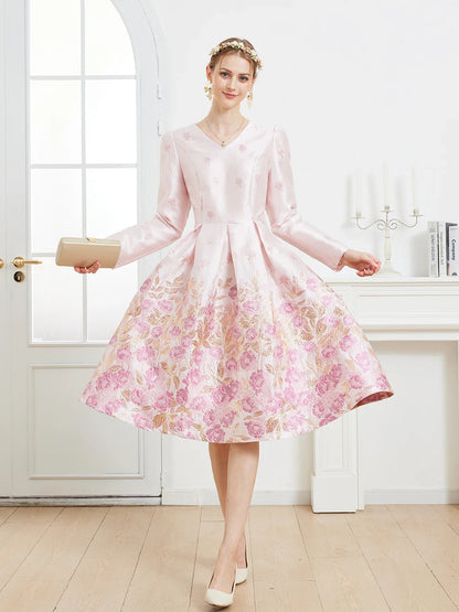 Fall/Winter Elegant French-style Romantic Pink Heavy Embroidery V-Neck Long-Sleeve Party Banquet Dress wedding guest dress