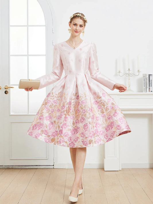 Fall/Winter Elegant French-style Romantic Pink Heavy Embroidery V-Neck Long-Sleeve Party Banquet Dress wedding guest dress