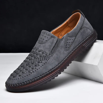 New 2024 Handmade Leather Men Shoes Design Fashion Sneakers Slip On Loafers Summer Mesh Breathable Casual Shoes Men Driving Flat