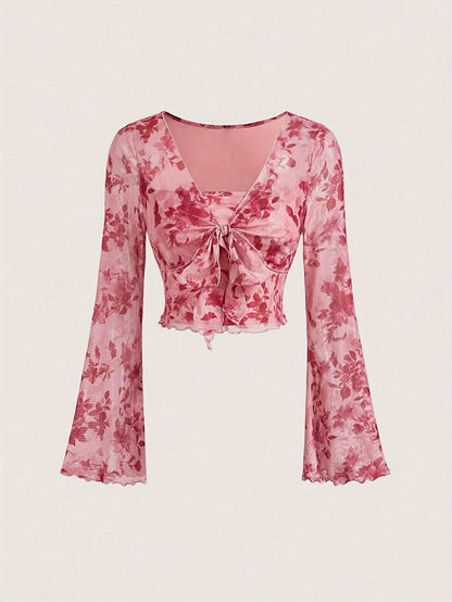 Summer Women's Y2k Floral Printed Sweet V-Neck T-shirts Mesh Beach Party Dress Top Flare Sleeve Square Collar Lace Up Shirt 2025