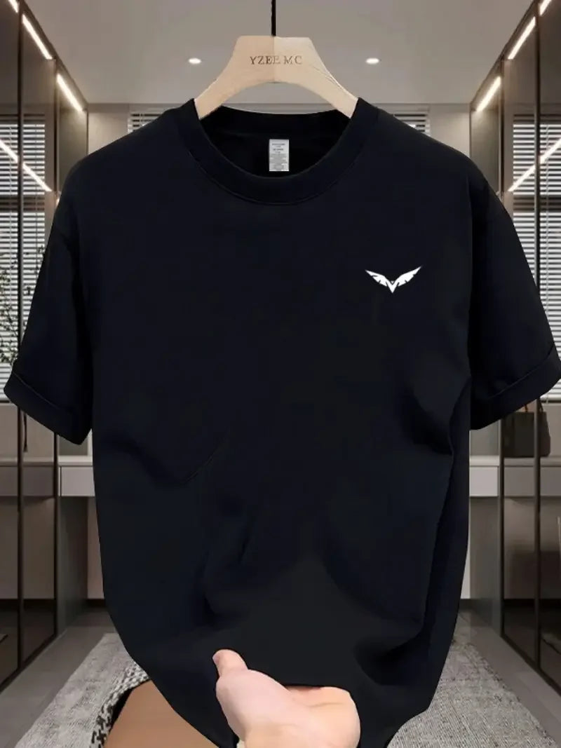 Simple wing pattern printed casual T-shirt for men's summer short sleeved round neck gym with humorous design suitable for sport