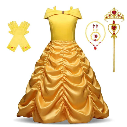 Girls Cosplay Belle Princess Dress for Kids Beauty and The Beast Costumes Children Birthday Party with Flower Clothes