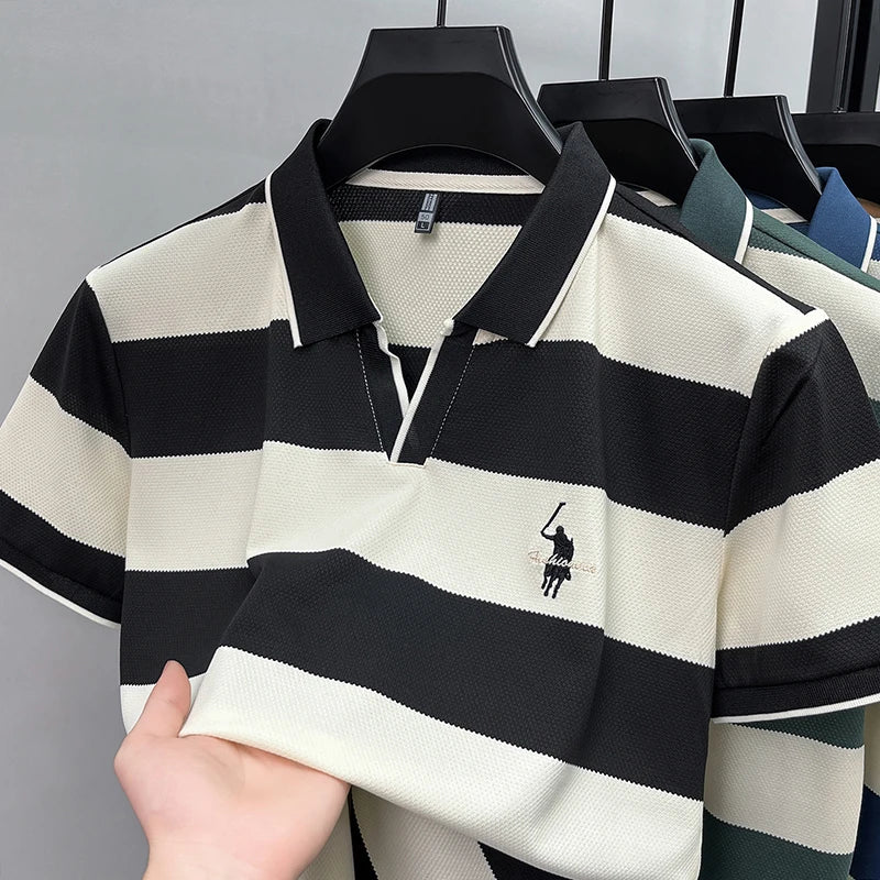 High End Embroidered Polo Shirt for Men, 2026 New Summer Striped Men's Short Sleeved T-shirt, Pure Cotton Lapel Half Sleeved Top