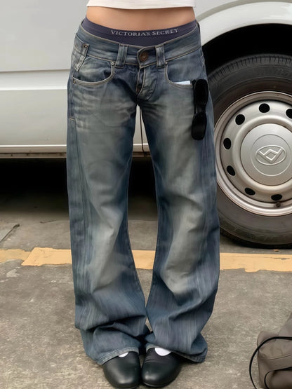 2025 Autumn Winter Women's Low Rise Denim Pants Vintage Simple Y2K Baggy Wide Fit Jeans Harajuku Cowboy Streetwear 2000s Japanes