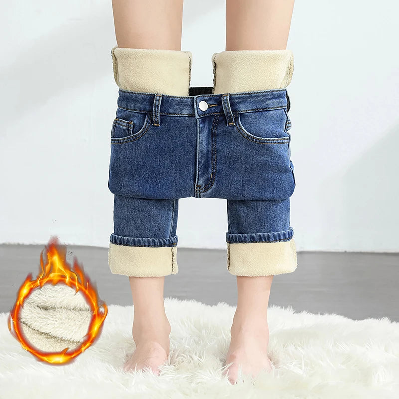 Calças Jeans Femininas de Inverno Quentes de Lã Retrô Elásticas Grossas Confortáveis Retas Modernas Coreanas Casuais de Veludo Denim