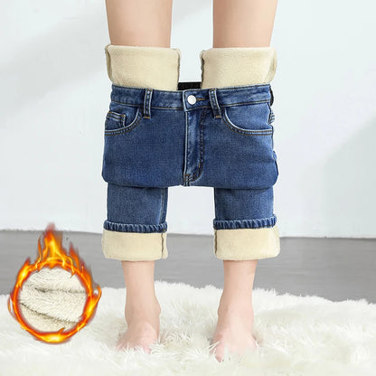 Calças Jeans Femininas de Inverno Quentes de Lã Retrô Elásticas Grossas Confortáveis Retas Modernas Coreanas Casuais de Veludo Denim