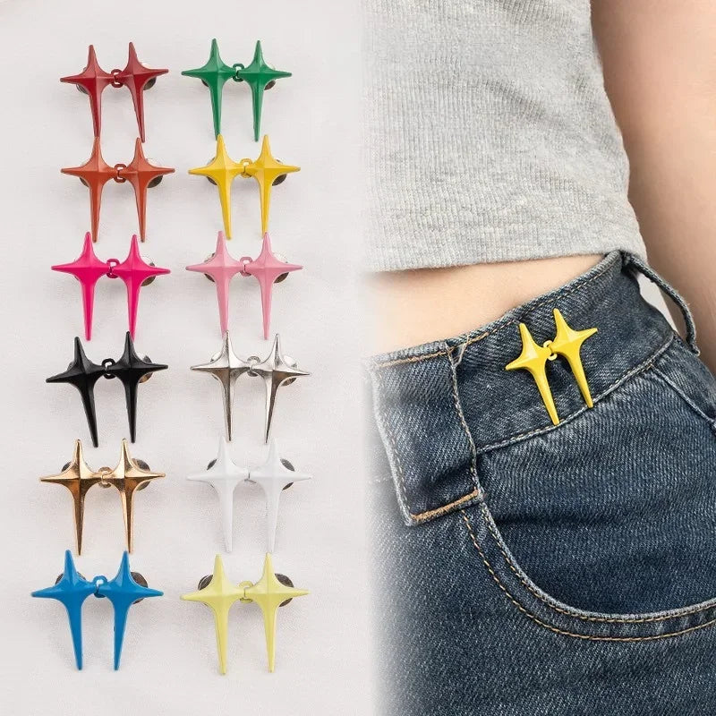 1Pair Cross Star Waist Buckle Adjustable Detachable Pants Clips Waist Tightener Nail-free Metal Button Snaps for Jeans Decor