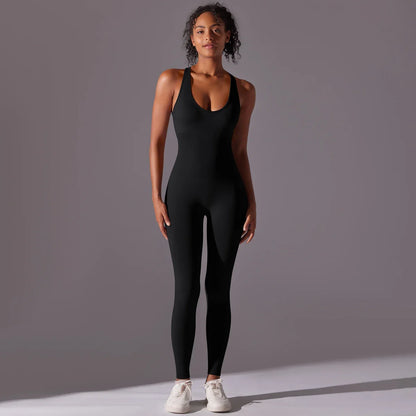 Backless Yoga Bodysuit Women Sports Jumpsuit Fitness Sportswear Workout Set Solid Color Seamless Butt Lifting Yoga Bodysuit