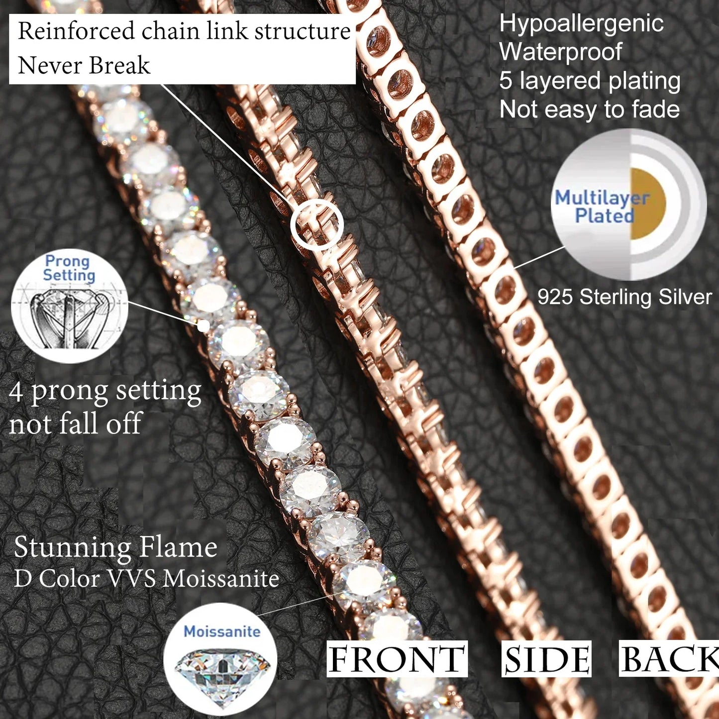 Hip Hop Unisex Moissanite Tennis Chain Original 925 Sterling Silver Moissanite Bracelet Necklace For Women Men Wedding Jewelry