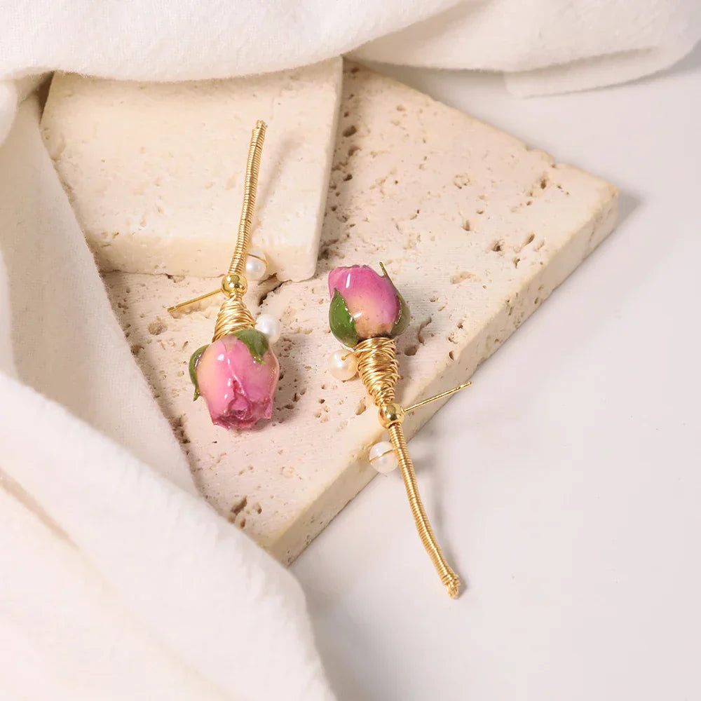 Natural Freshwater Pearl Enamel Resin Flower Earrings Korean Style Women's Luxury Vintage Jewelry Fashion Ladies and Girls Gift
