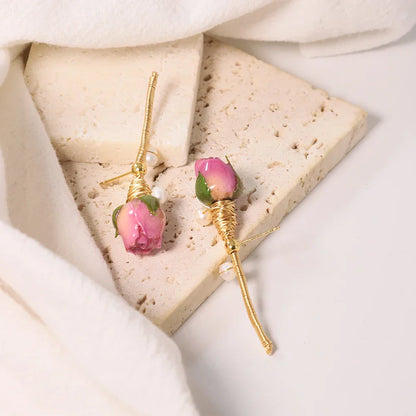 Natural Freshwater Pearl Enamel Resin Flower Earrings Korean Style Women's Luxury Vintage Jewelry Fashion Ladies and Girls Gift