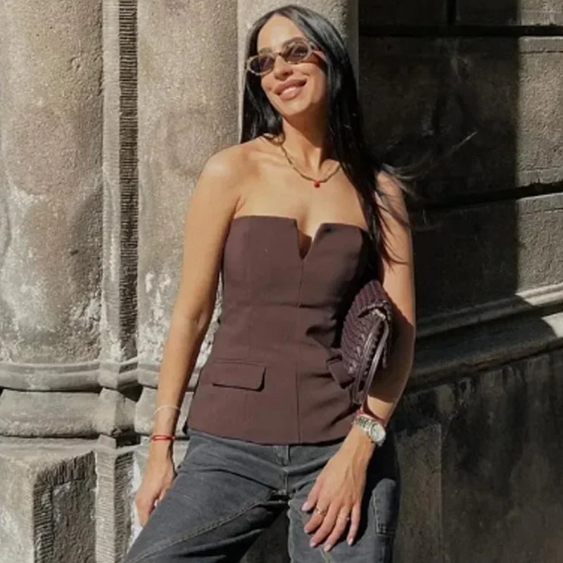 Corset Tube Top Women Summer 2025 Strapless Tanks & Camis Red Brown Black White Tank Tops Sexy Off Shoulder Crop Vests 066
