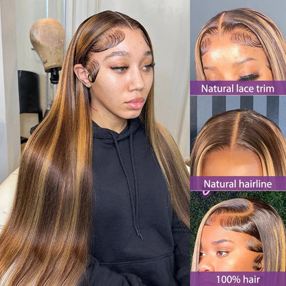 Brown P4/27 Straight 13x4 Lace Frontal Human Hair Wigs Brazilian Highlight Colored Lace Front Wig For Women 28 30 32 34 36 Inch