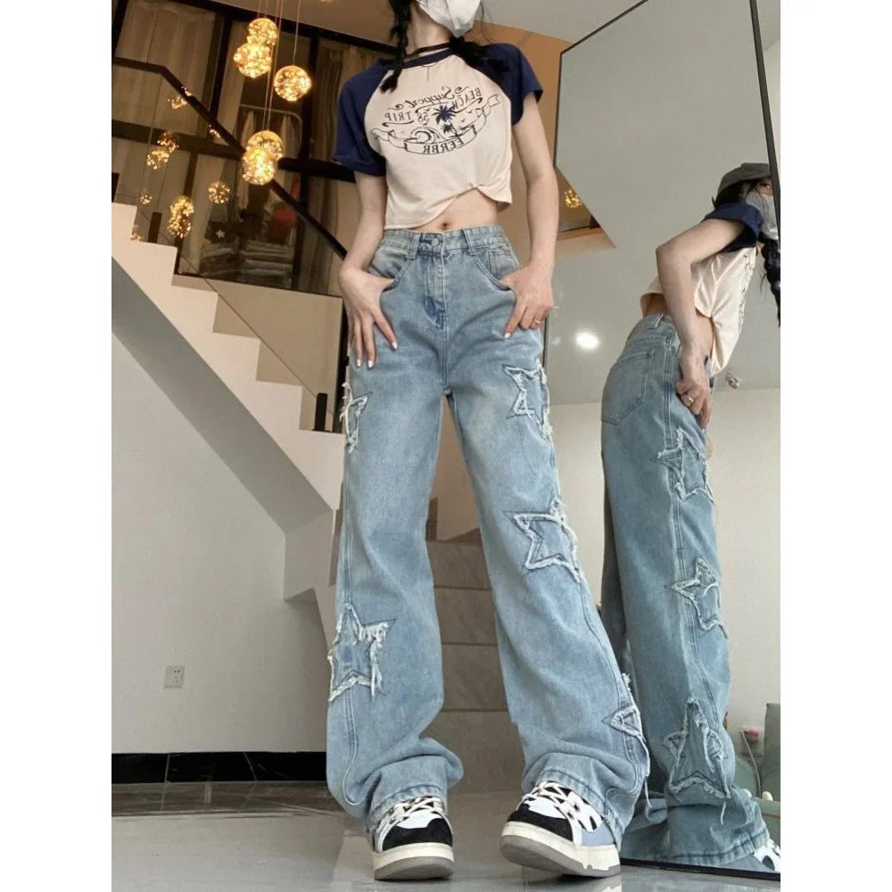 High Street Jeans Design Embroidery High Waist Thin Wide Leg Trousers