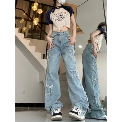 High Street Jeans Design Embroidery High Waist Thin Wide Leg Trousers