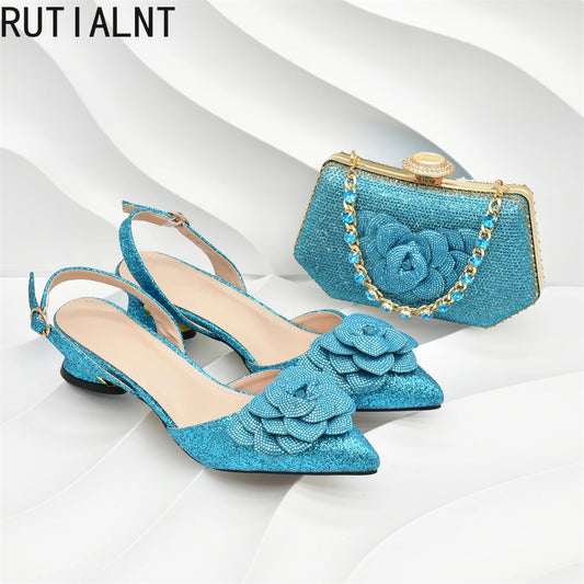 New Arrival Nigerian Women Heel Party Ladies Italian Design Shoes and Bag Set with Rhinestone Wedding Party Luxury Shoes Women
