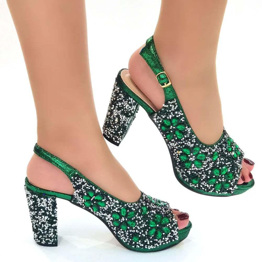 Nigerian Green Color Women's Party High Heel Shoes Full Diamond Design Fashion Summer Sandals Wedding Ladies Shoes
