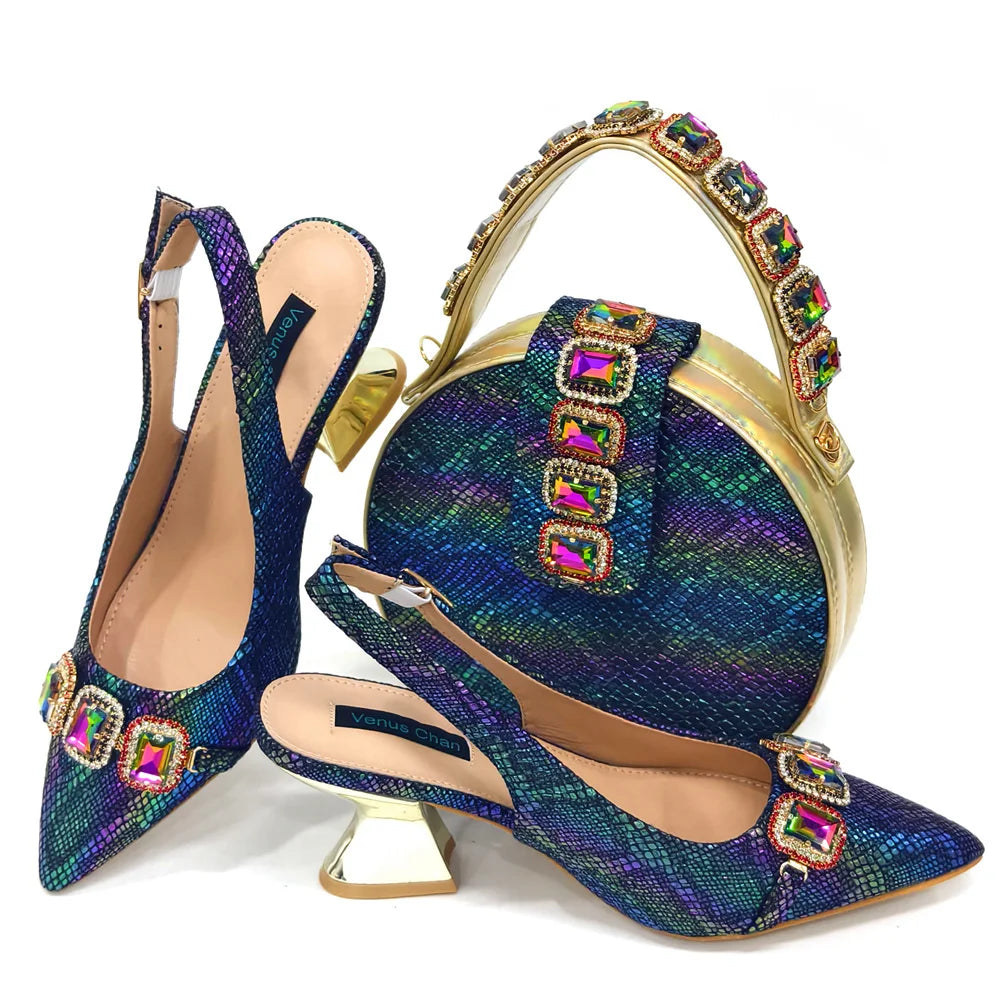 Rhinestone Pointed-Toe High Heels Shoes and Bags Set for Women Wedding and Party Elegant Luxury Fashion in Wine Color