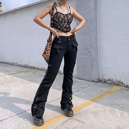 Dark Punk Y2k Grunge Low Waist Emo Jeans Mall Gothic Women Black Patchwork Electro Pants Fashion Streetwear Alt Clothes
