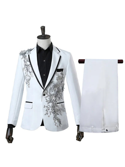 Elegant Appliqued Two-piece Men's Suit for Wedding Banquet Host Dance Prom Christmas Costume Men Blazer Chinese Style
