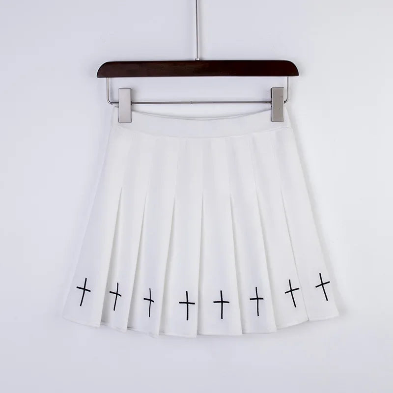 2020 Women Harajuku Sweet Fresh Feeling High Waist Pleated Skirt Elastic Waist Cross Embroidery Skirt black skirt Pleated Skirt