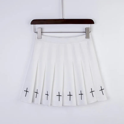 2020 Women Harajuku Sweet Fresh Feeling High Waist Pleated Skirt Elastic Waist Cross Embroidery Skirt black skirt Pleated Skirt