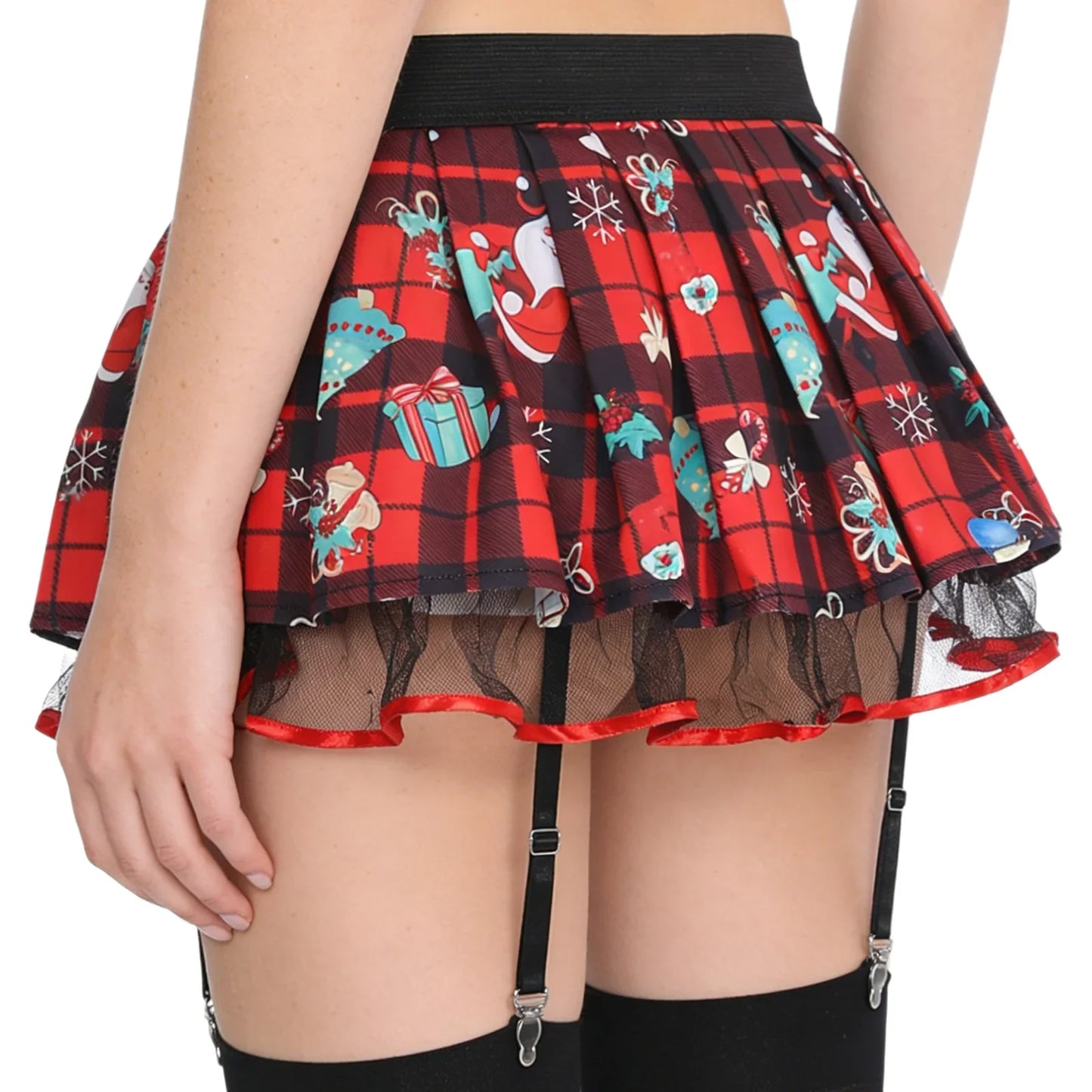 Women's Miniskirt with Garters Schoolgirl Cosplay Costume Plaid Layer with Tulle Lining Elastic Waistband Short Skirt Clubwear