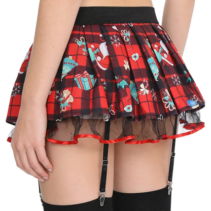Women's Miniskirt with Garters Schoolgirl Cosplay Costume Plaid Layer with Tulle Lining Elastic Waistband Short Skirt Clubwear