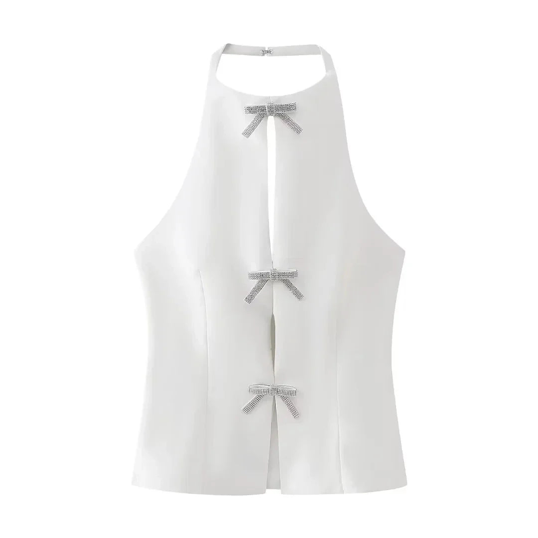 Summer Top Female Jewelry Bow Decoration Hanging Neck Collar Sleeveless Top 2025 Women's Pretty Sling Top