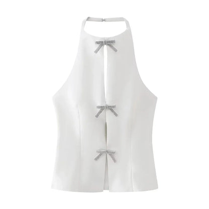Summer Top Female Jewelry Bow Decoration Hanging Neck Collar Sleeveless Top 2025 Women's Pretty Sling Top